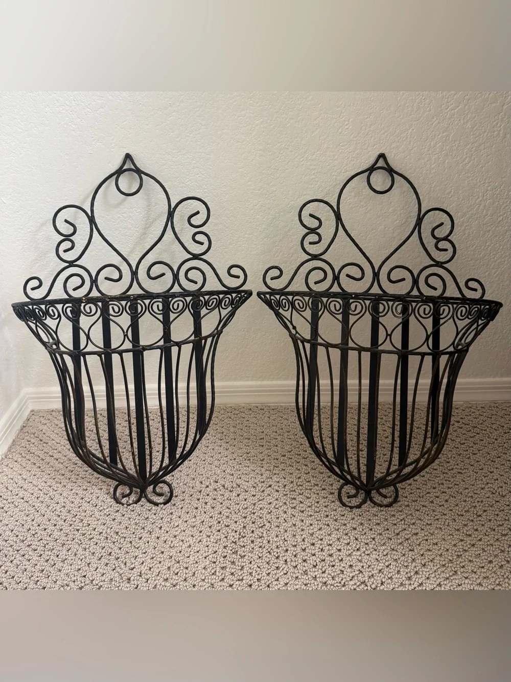 Pair of Black Decorative Wrought Iron Wall Baskets